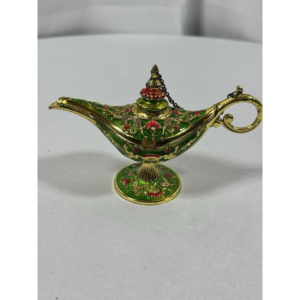 Vintage Style Ornate Gold Green Enamel Genie Lamp Decorative Trinket Box 4.75in